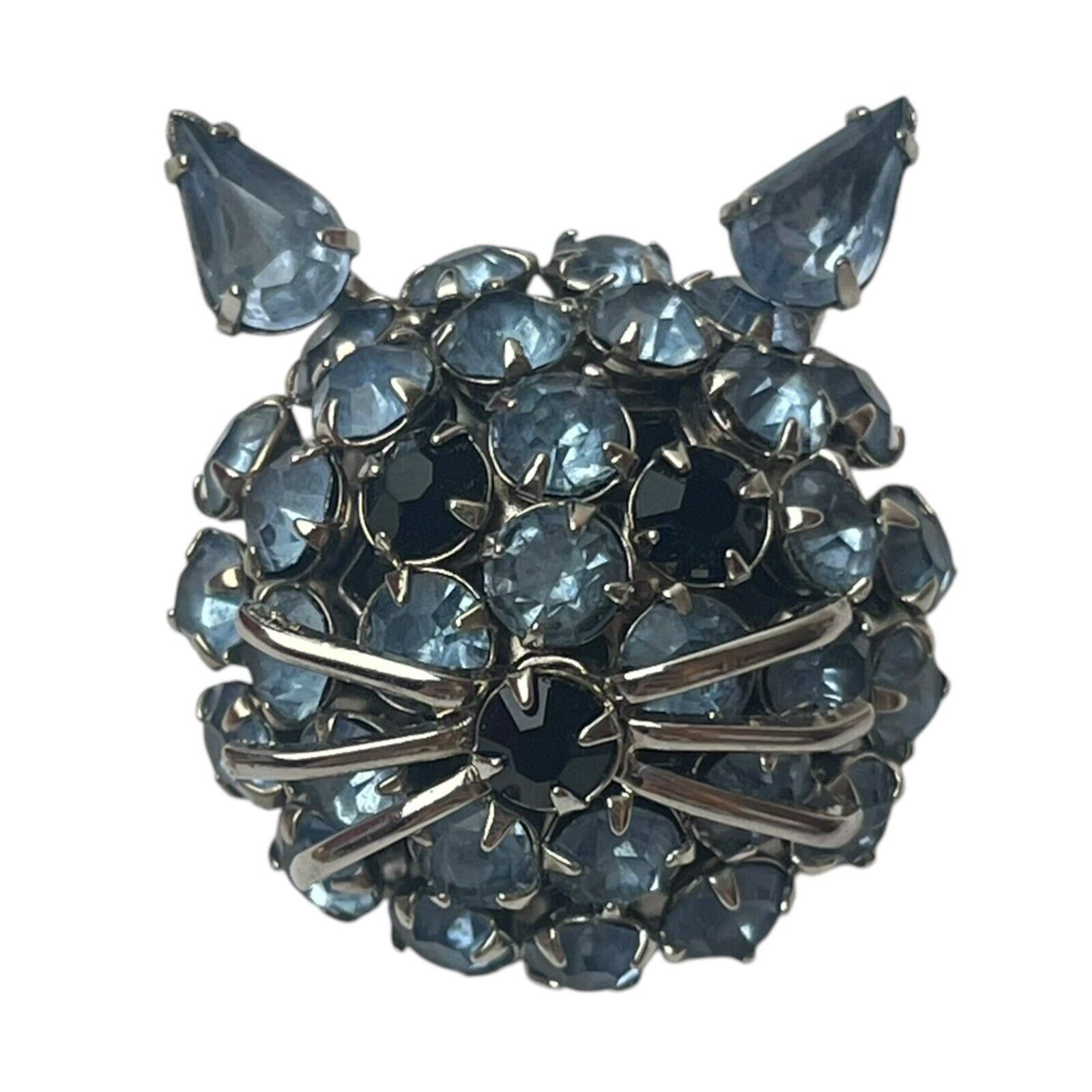 Vintage 1960s Light Blue Rhinestone Kitty Cat Head Brooch Pin Unsigned Warner 1”